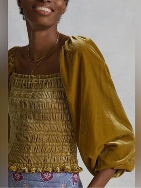 Anthropologie Olive Velvet Puff-Sleeve Smocked Crop Top